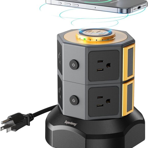 Other - Power Strip Tower with 15W Wireless Charger, 6.5Ft Retractable Extension Cord, 1